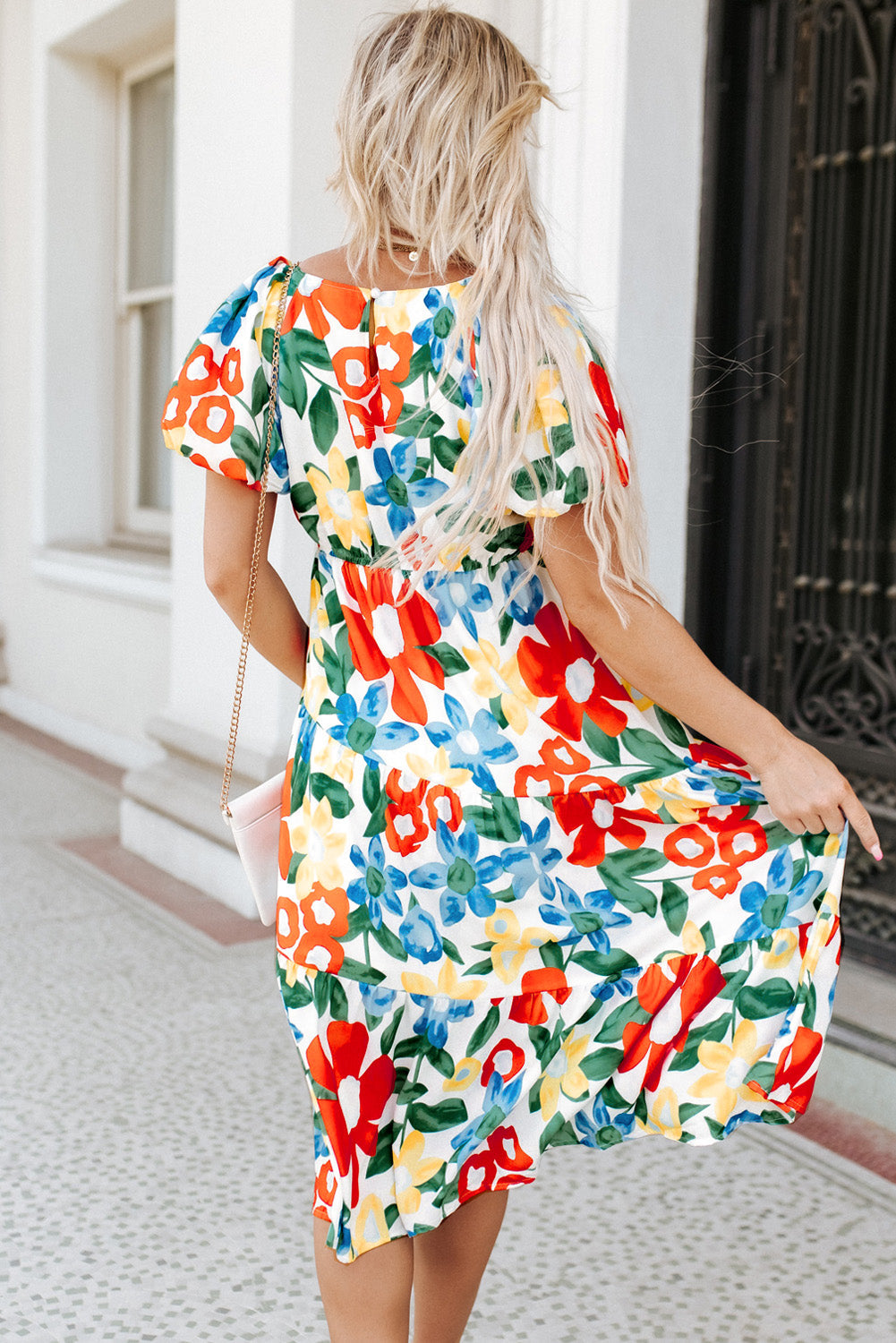 Multicolor Flutter Sleeve V Neck High Waist Floral Midi Dress