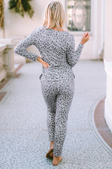 Leopard Animal Print V Neck Pullover and Pants Lounge Set