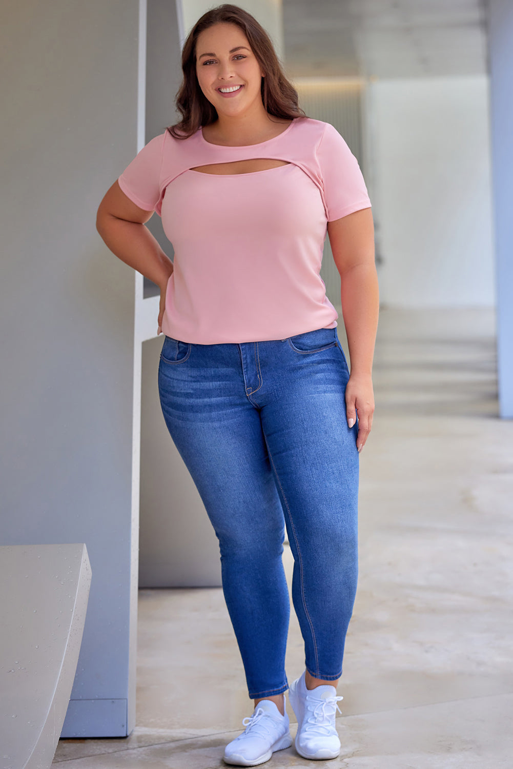 Pink Peekaboo Cutout Front Plus Size T-shirt