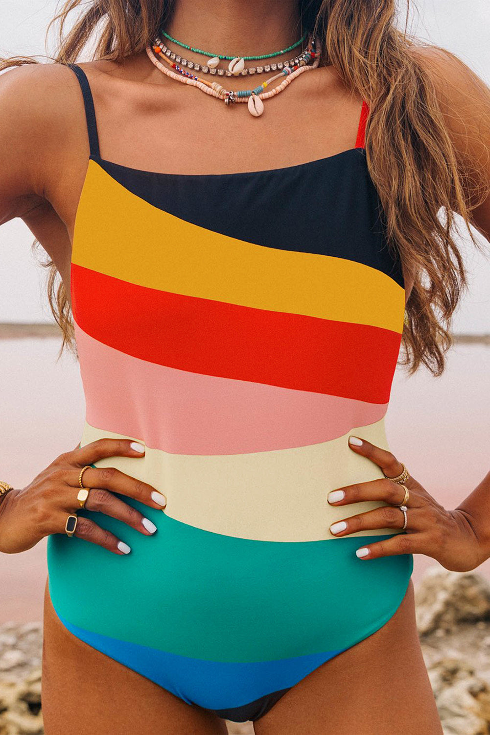 Multicolor Color Block Backless One-piece Swimsuit