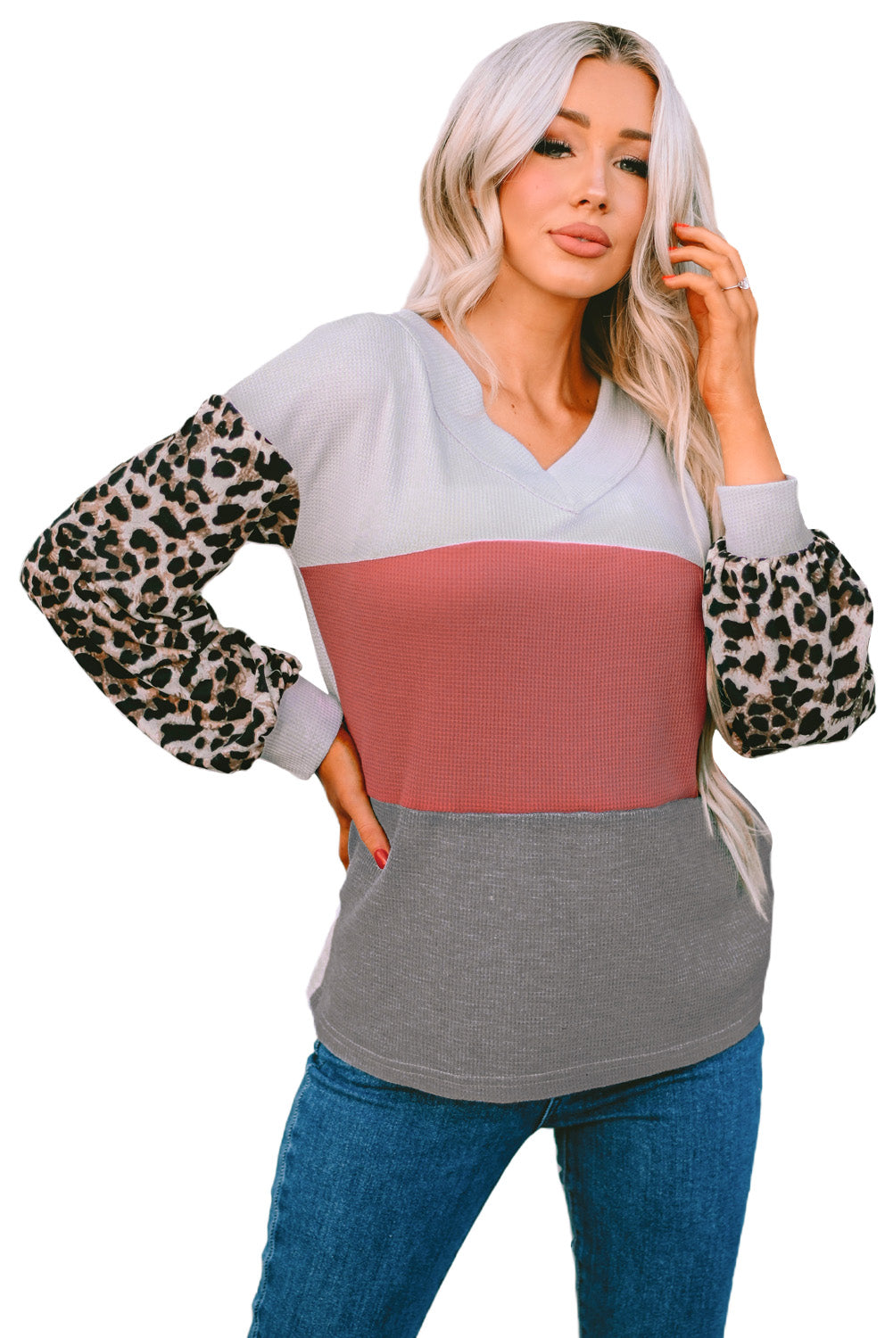 Red Wild Leopard Contrast Sleeve Colorblock Waffle Knit Top