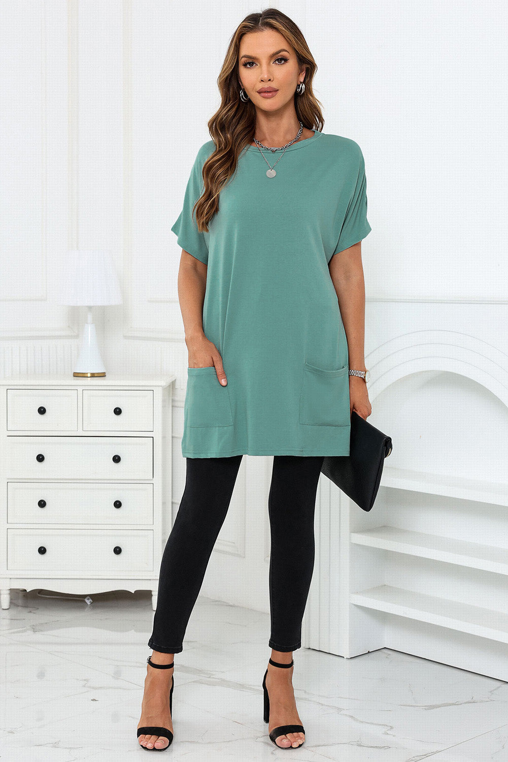 Black Side Pockets Short Sleeve Tunic Top