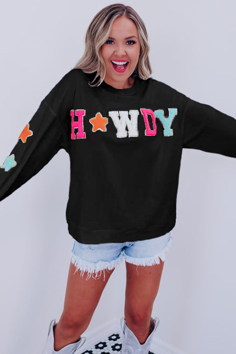 White Glitter Howdy Patch Graphic Casual Sweatshirt