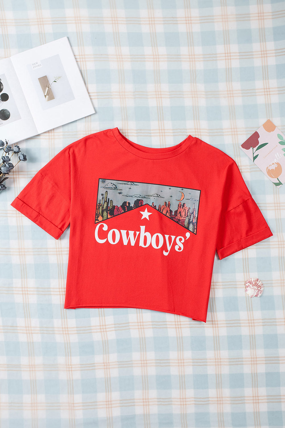 Red Cowboys Graphic Crew Neck Short Sleeve Tops