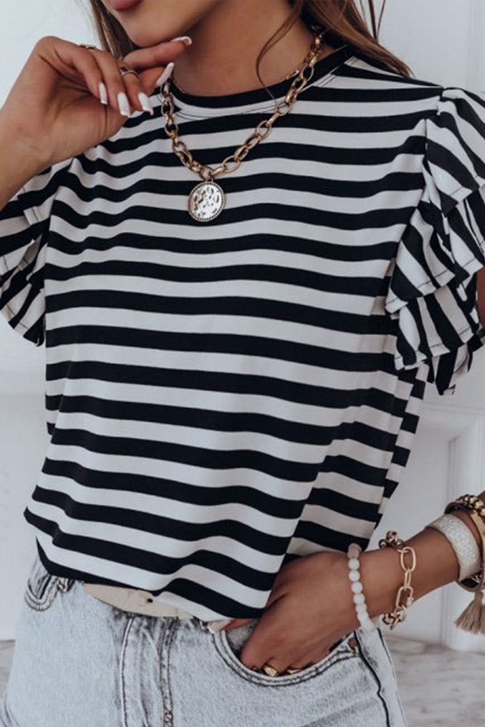 White Stripe Print Tiered Ruffled Sleeve Tee