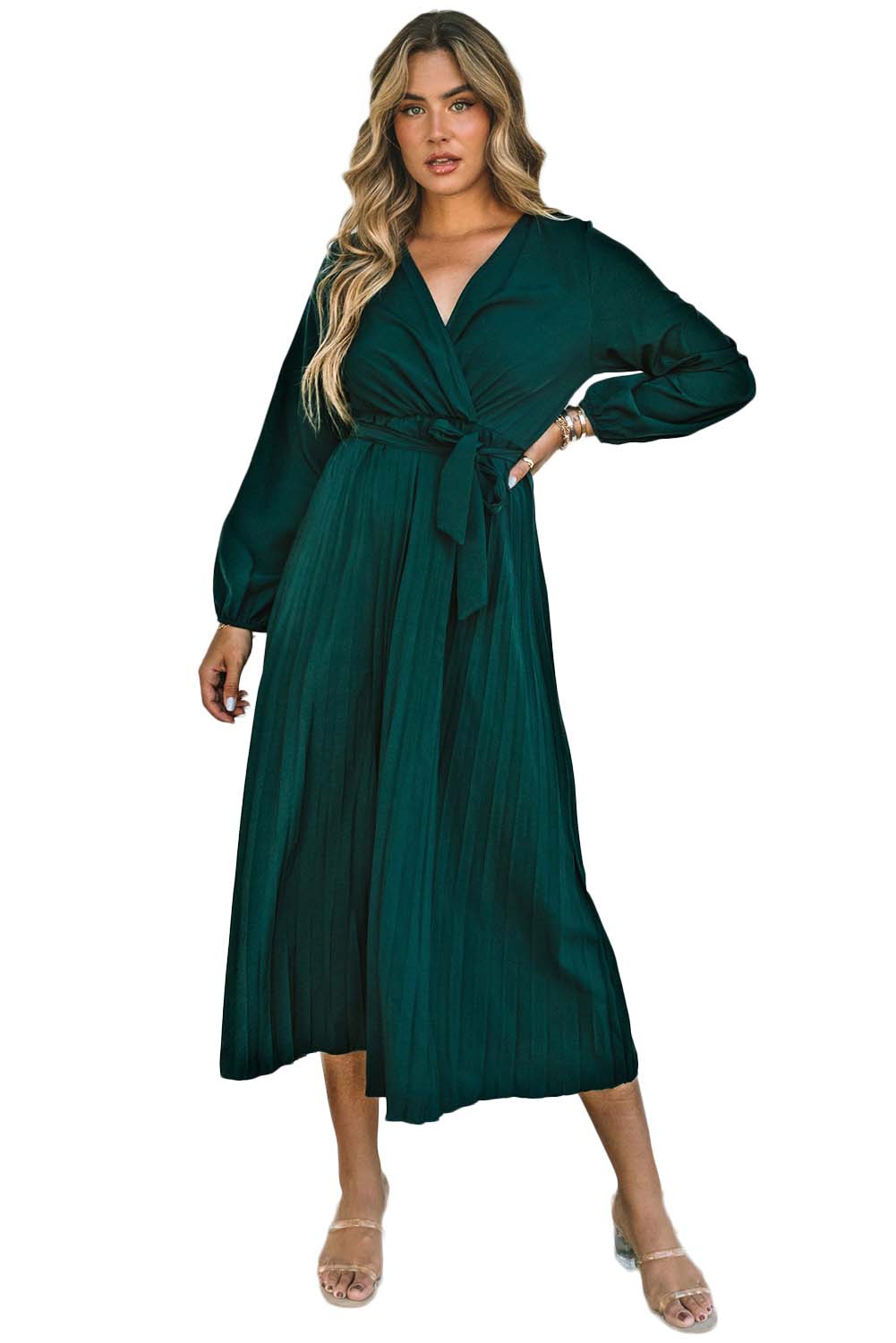 Green Pleated V Neck Wrap Waist Tie Dress