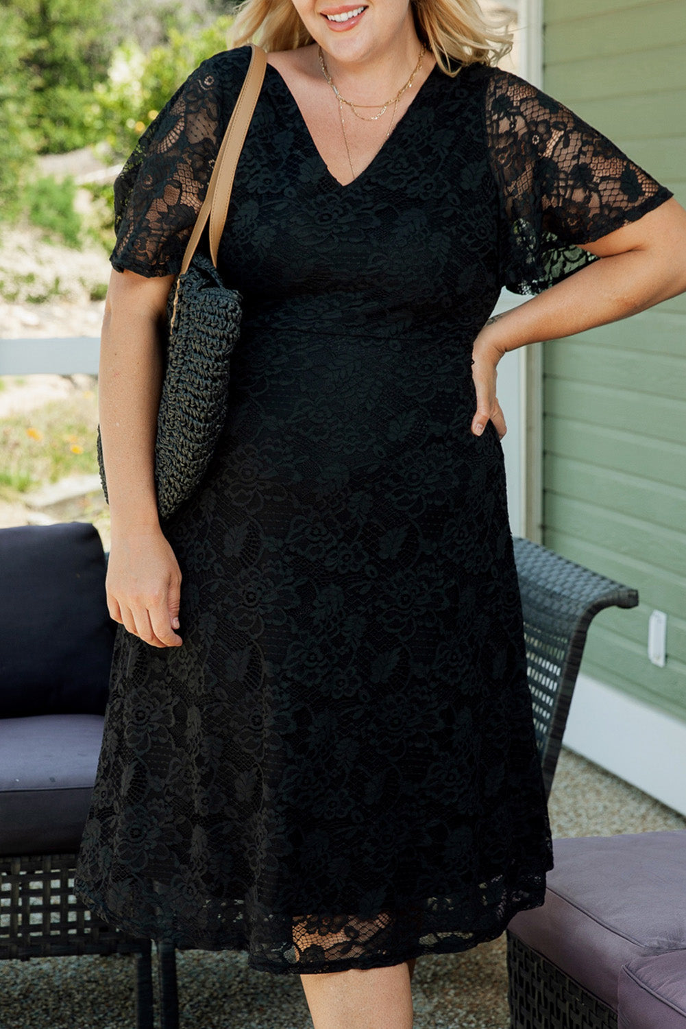 Black Plus Size Lace Flutter Sleeves Flare Midi Dress