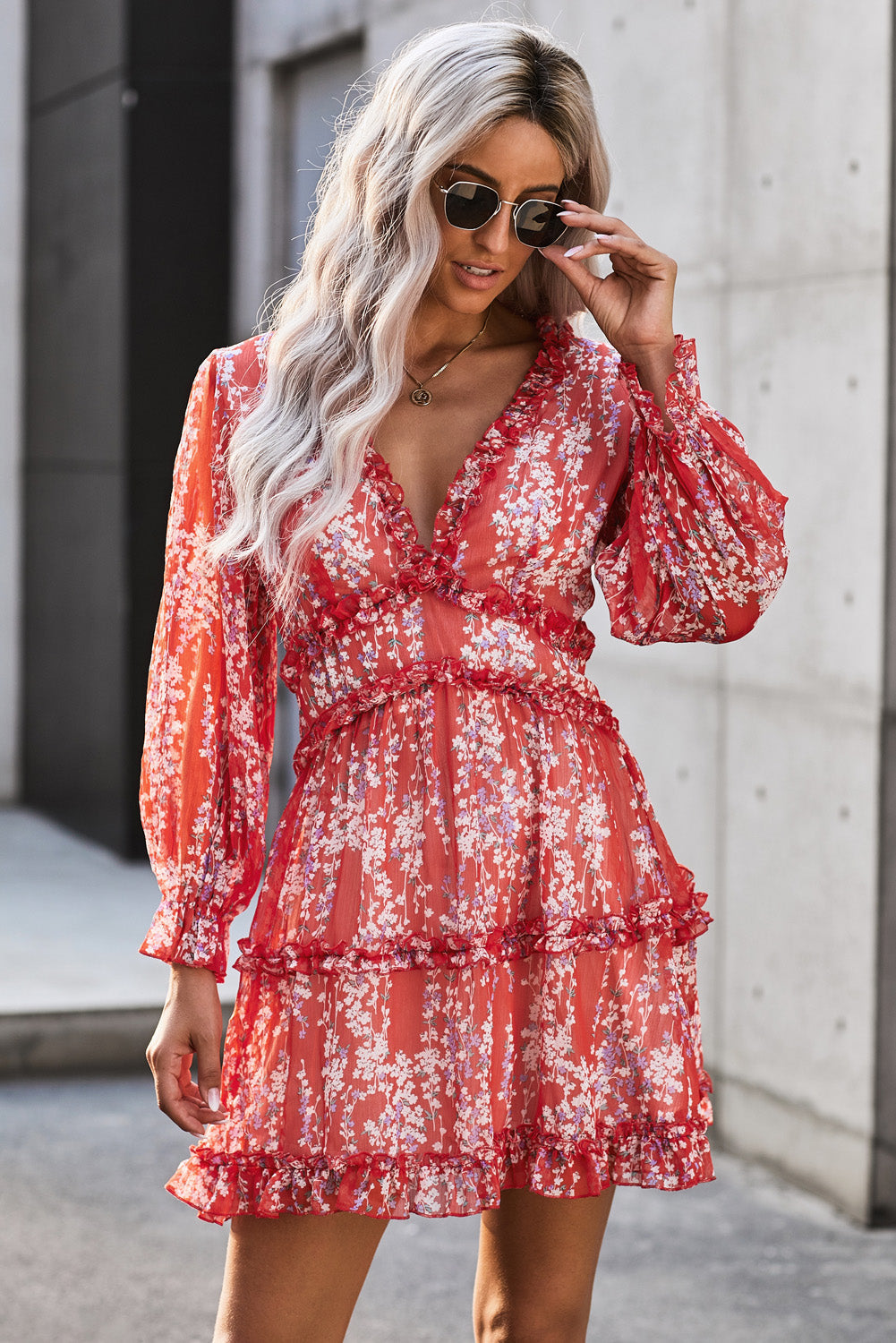 Blue Ruffle Detailing Open Back Floral Dress
