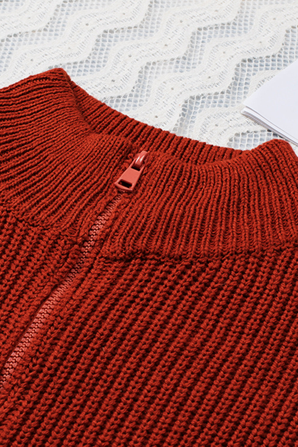 Red Zipped Turtleneck Drop Shoulder Knit Sweater