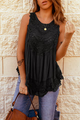 Black Lace Detail Buttons Back Sleeveless Top