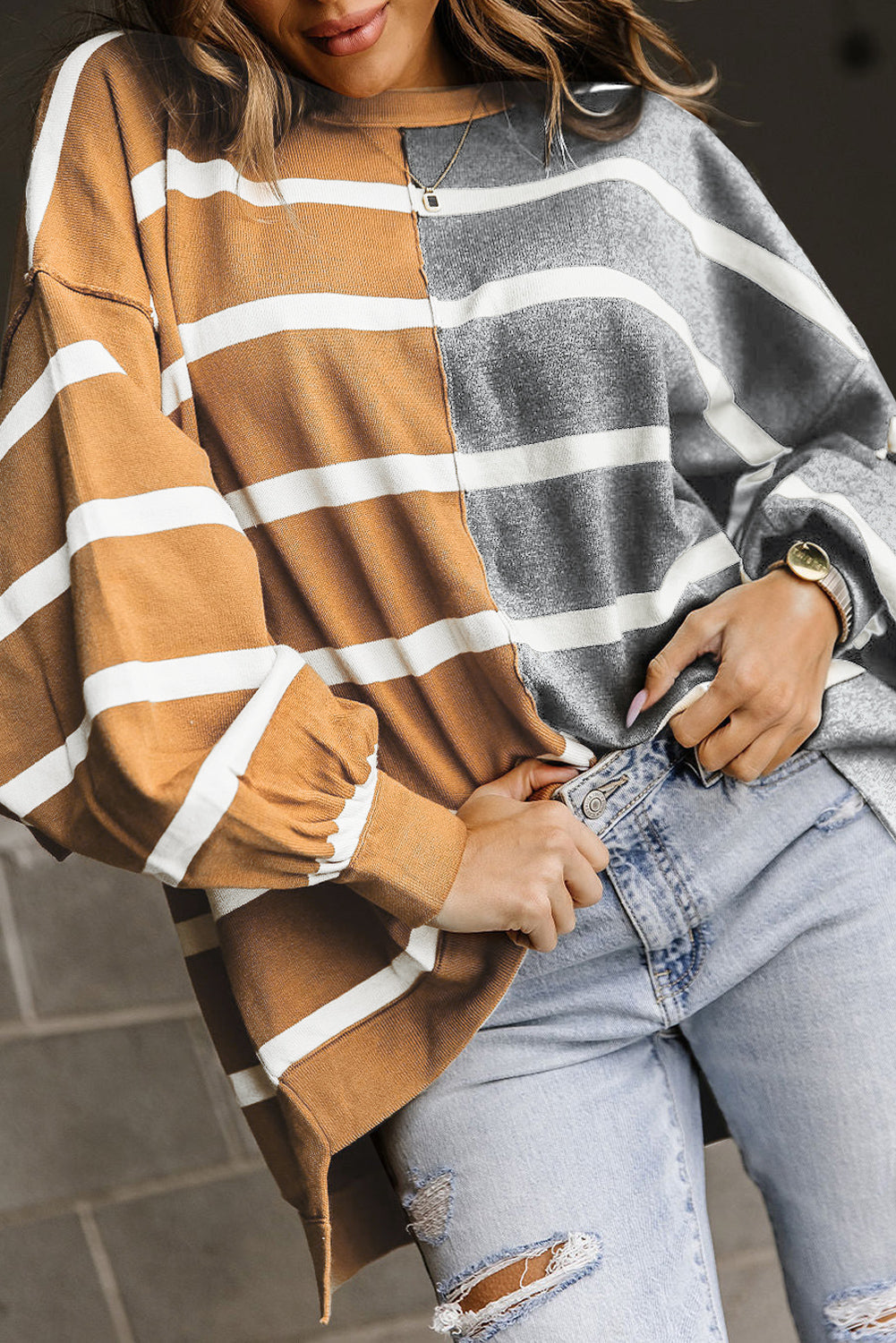 Stripe Oversized Contrast Printed Dropped Shoulder Top