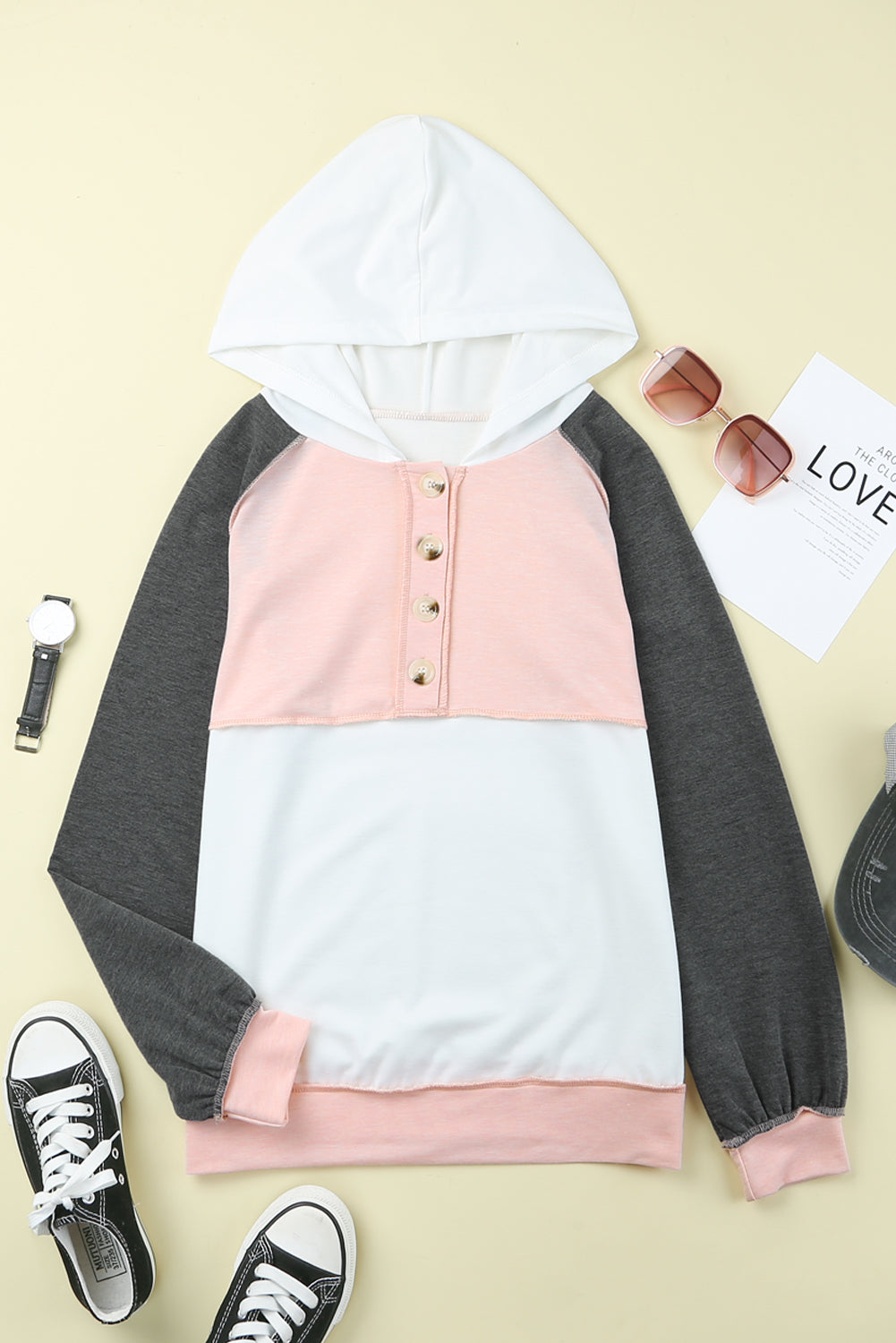 Yellow Colorblock Button Accent Pullover Hoodie