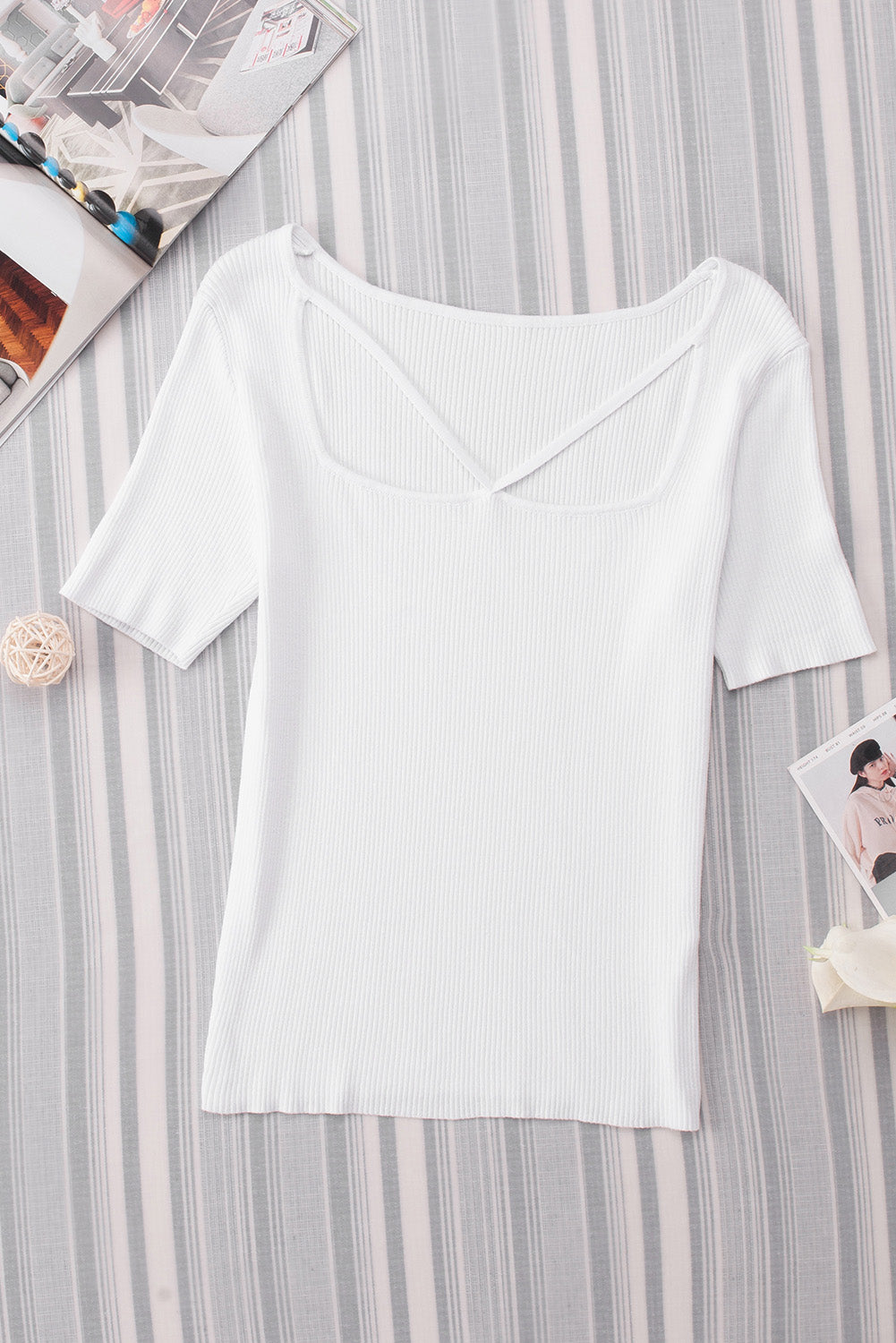 White Square Neck Cut out Ribbed Knit Short Sleeve Top