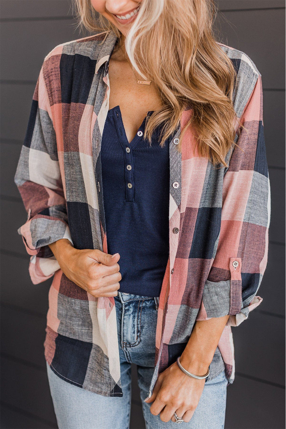 Multicolor Roll up Sleeve Plaid Pattern Shirt