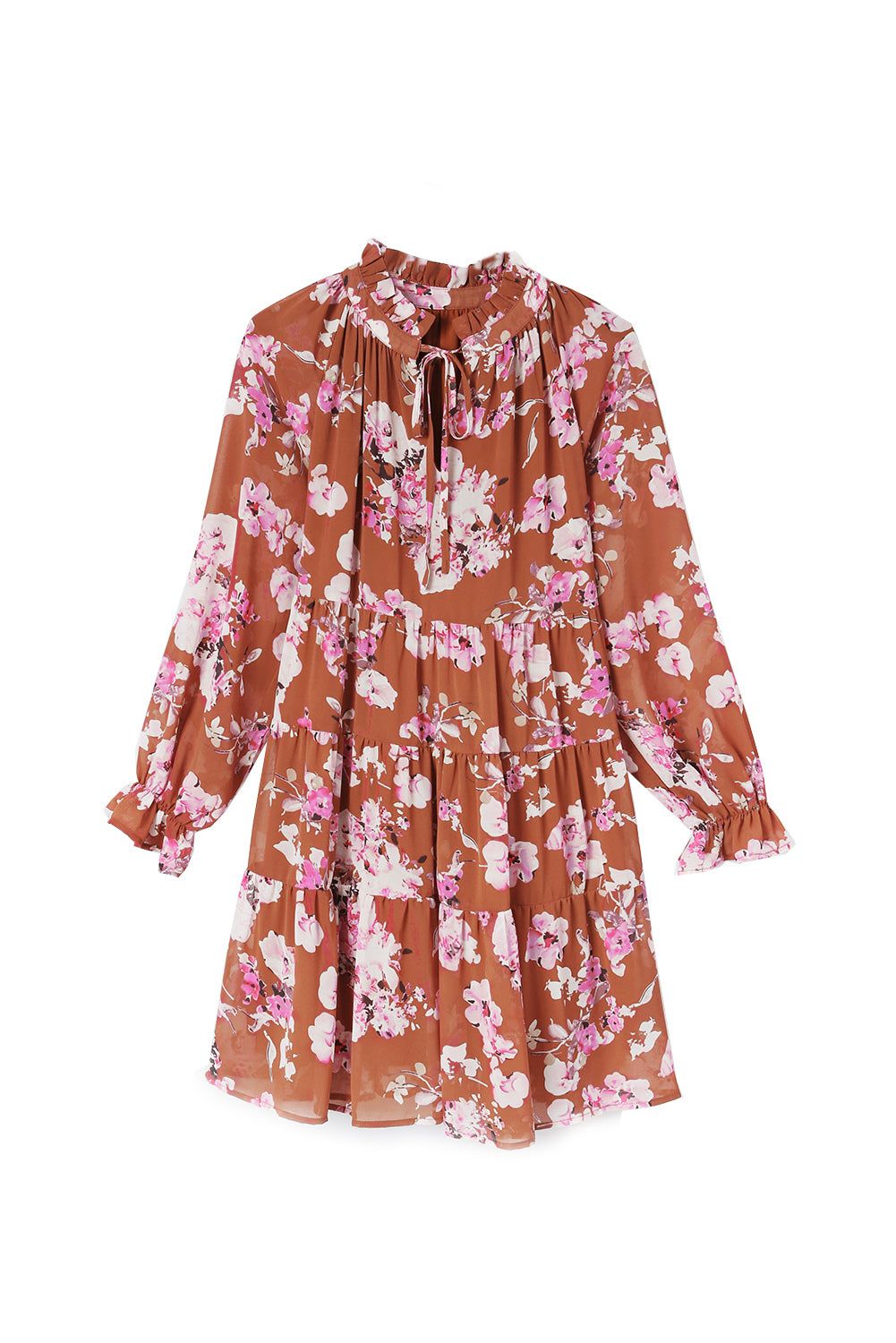 Brown Floral Print Drawstring V Neck Ruffled Babydoll Mini Dress