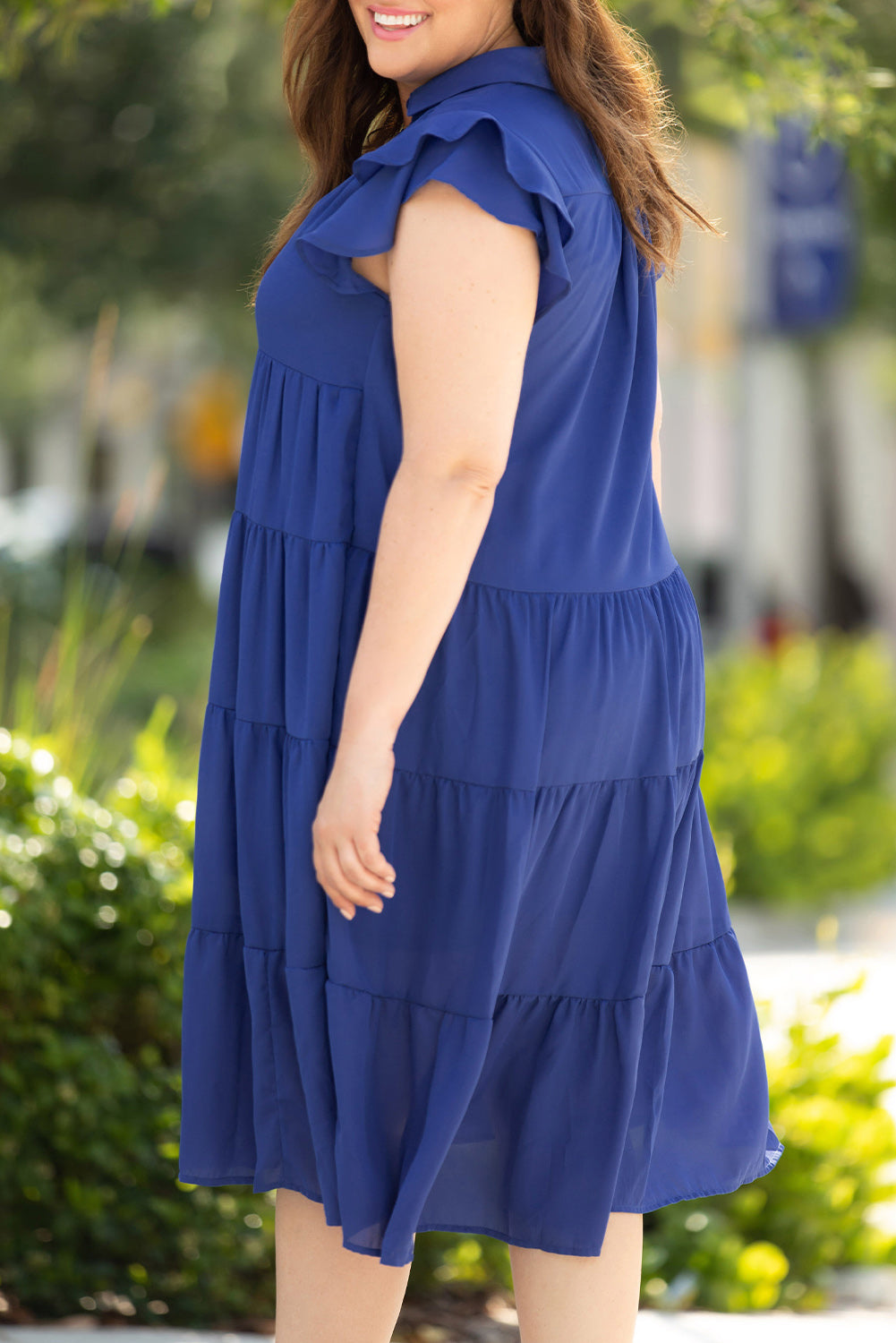 Blue Plus Size Ruffled Tiered A-line Midi Dress