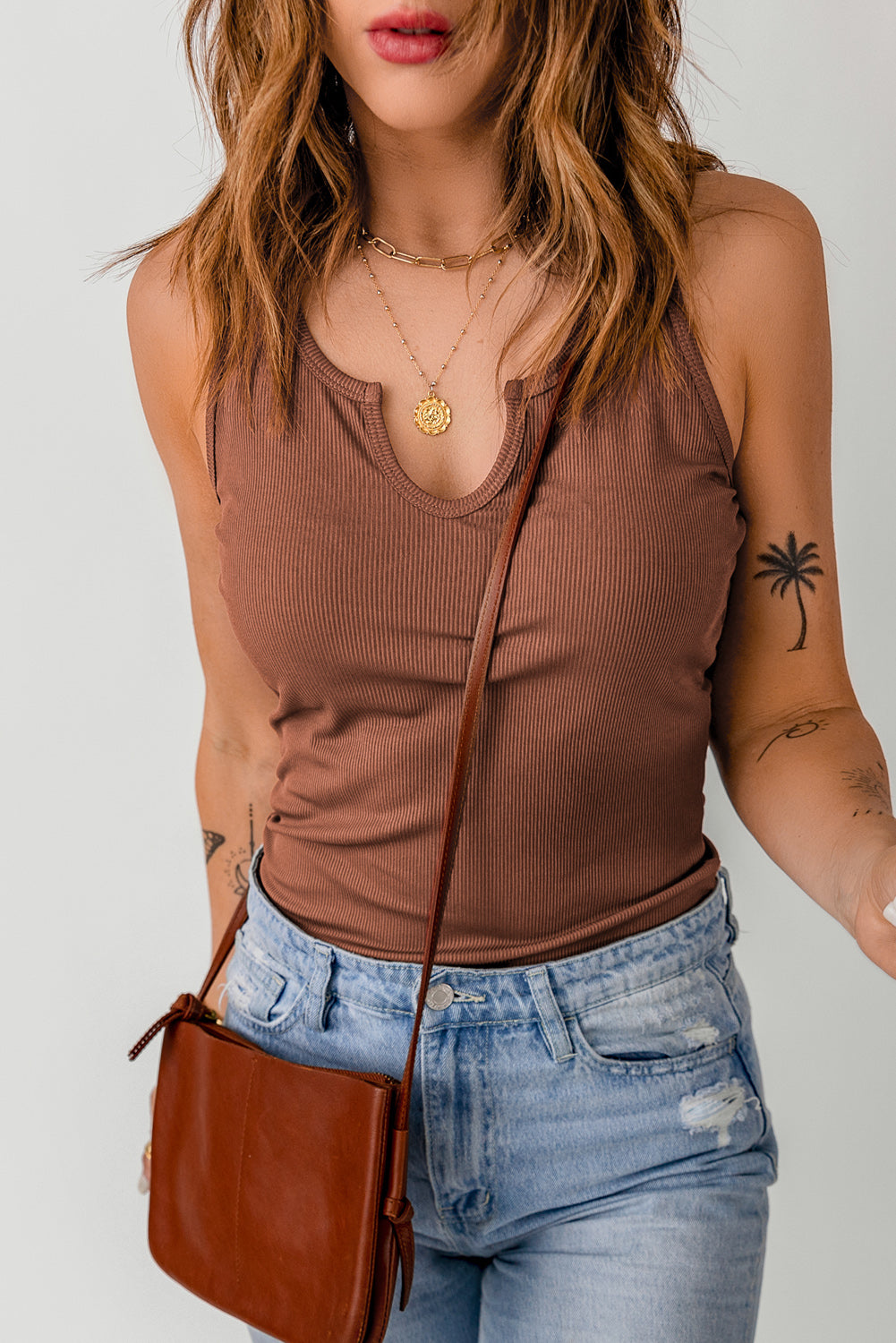 Rose Split Neck Ribbed Knit Tank Top