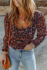 Black  V Neck Bubble Sleeve Floral Blouse