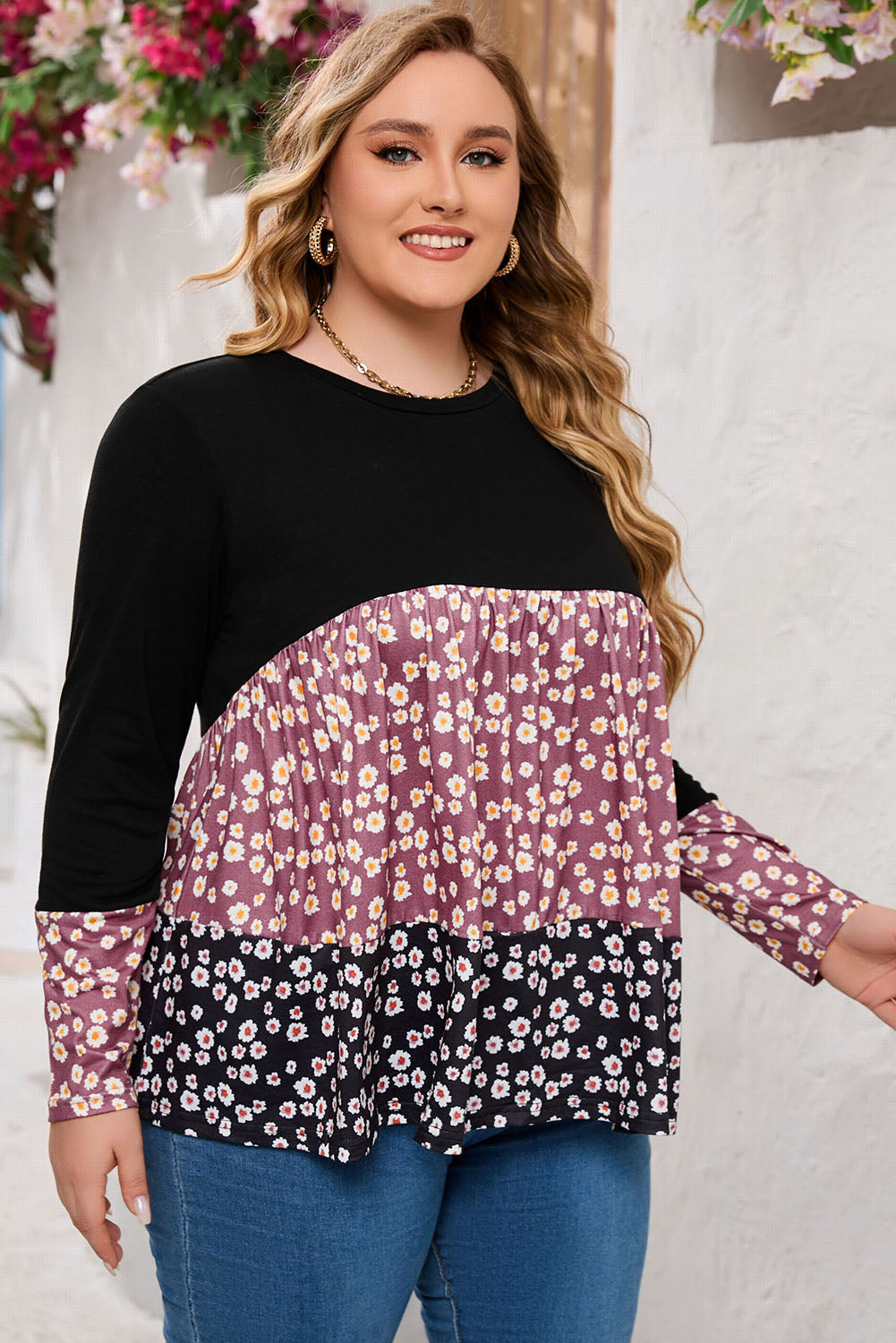 Black Floral Pattern Color Block Plus Size Pullover Top