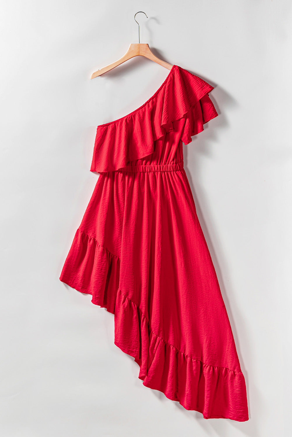 Red One Shoulder Ruffle High Low Maxi Dress