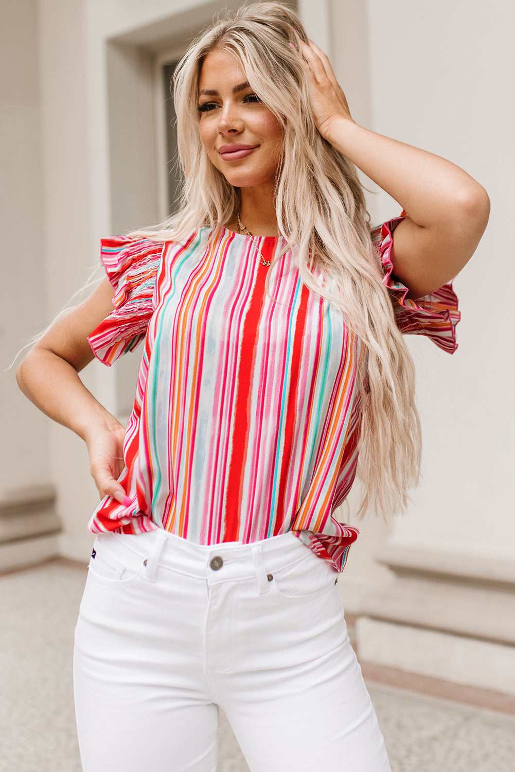 Multicolor Abstract Print Stitching Ruffle Sleeve Blouse