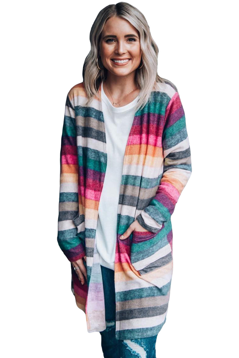 Multicolor Striped Print Long Sleeve Open Front Long Cardigan