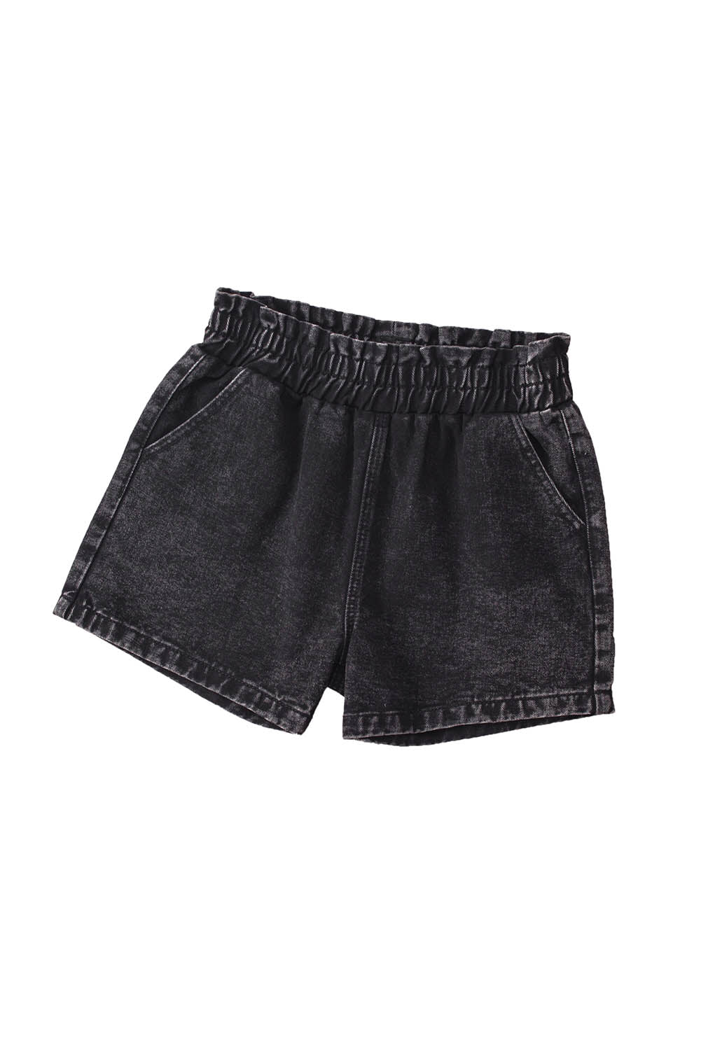 Black Retro Bleach-washed Ruffled Elastic High Waist Denim Shorts