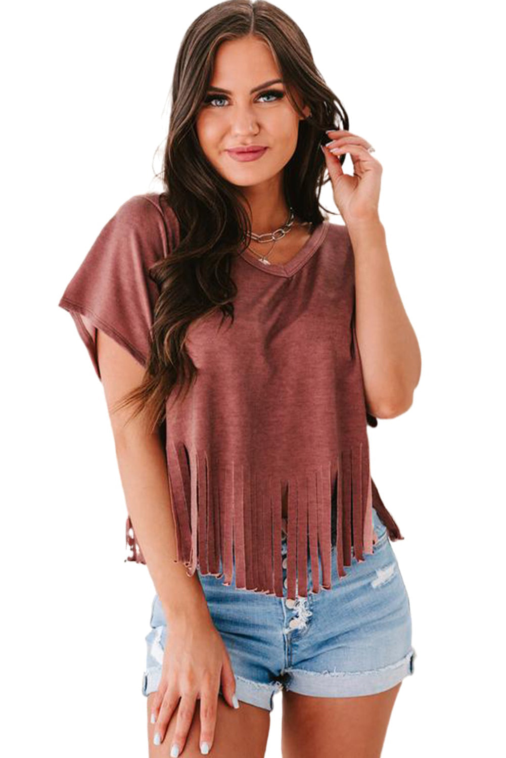 Black Fringe Hem V Neck T Shirt