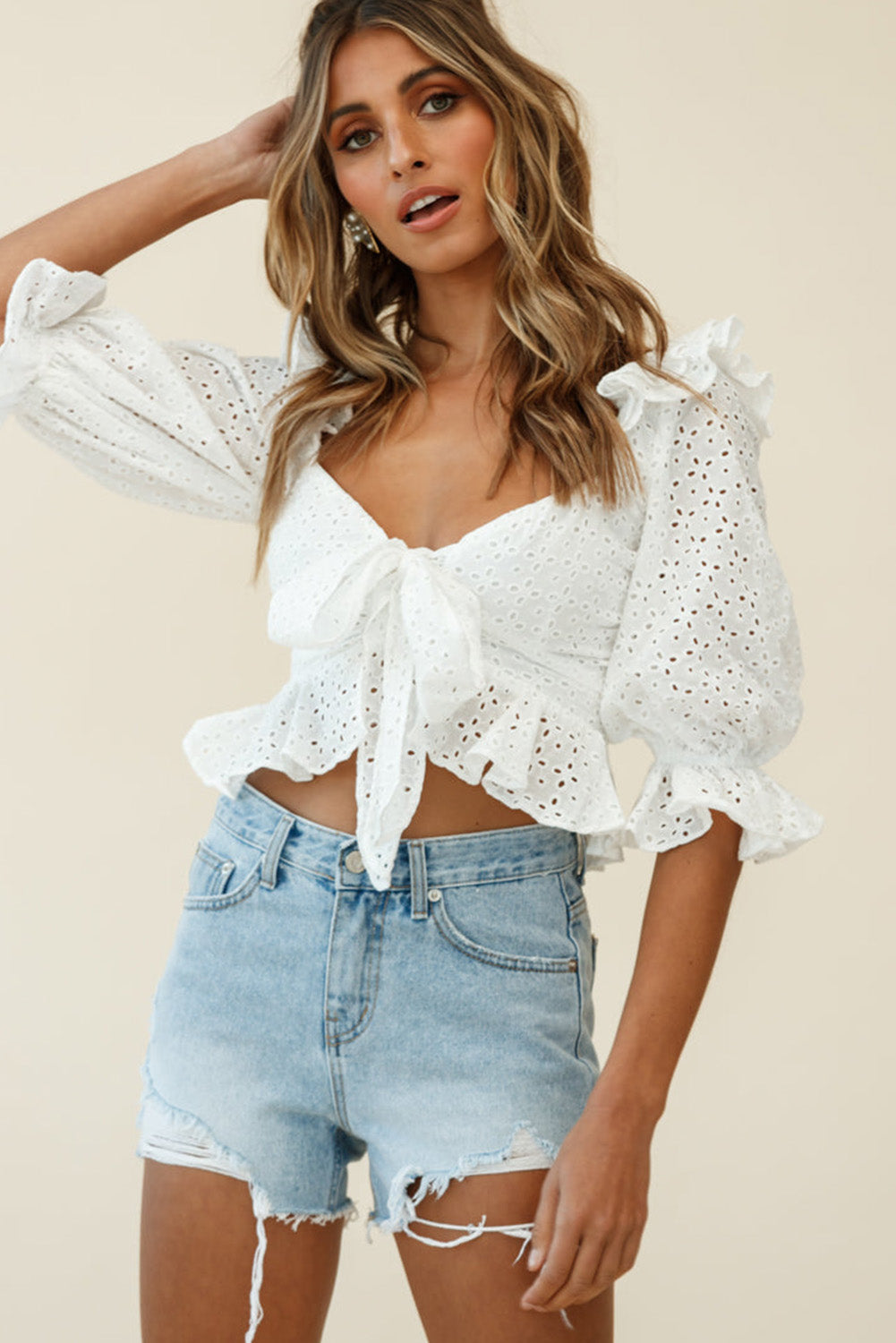 White Ruffle Puff Sleeve Crop Top