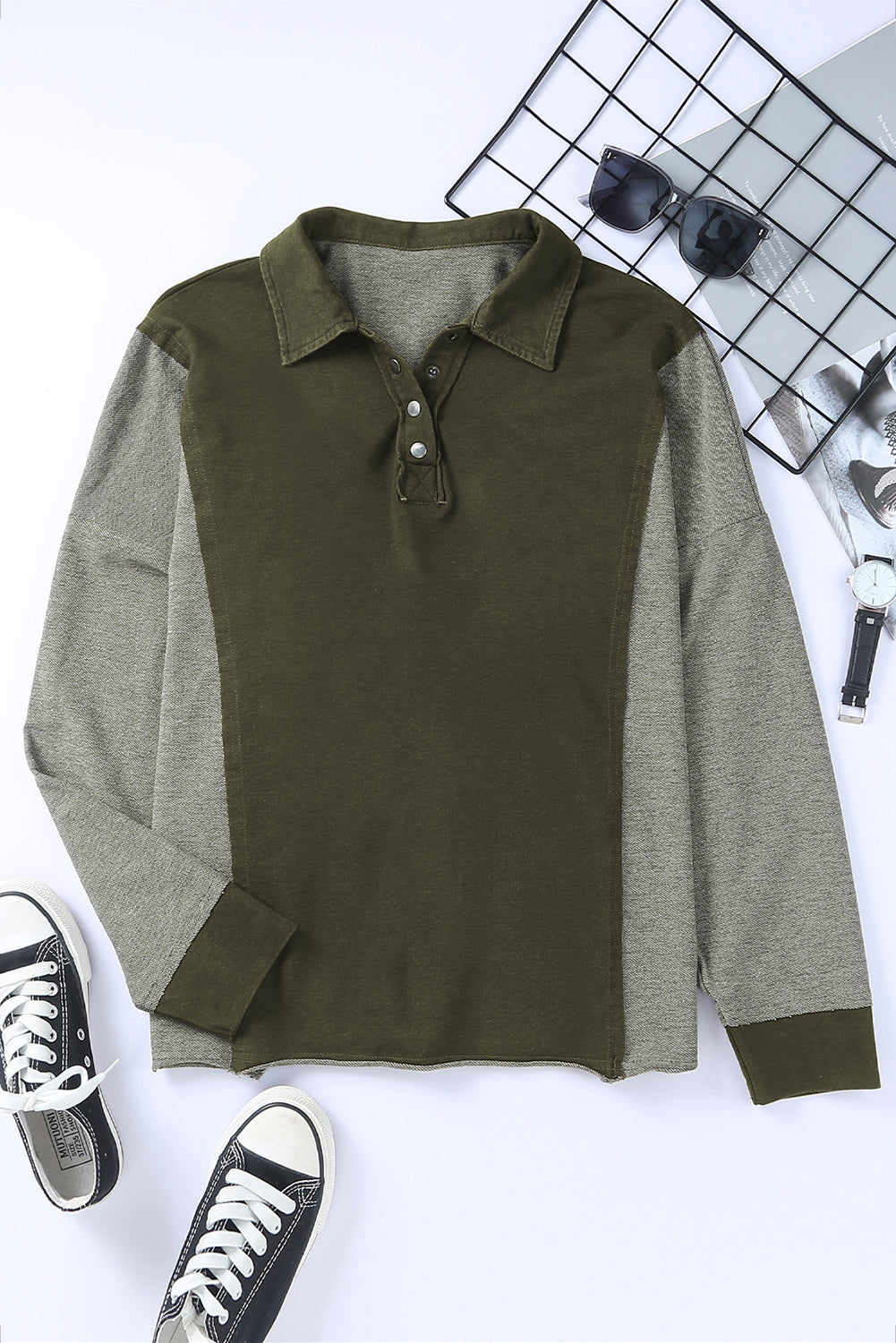 Green Patchwork Button Down Neckline Hoodie