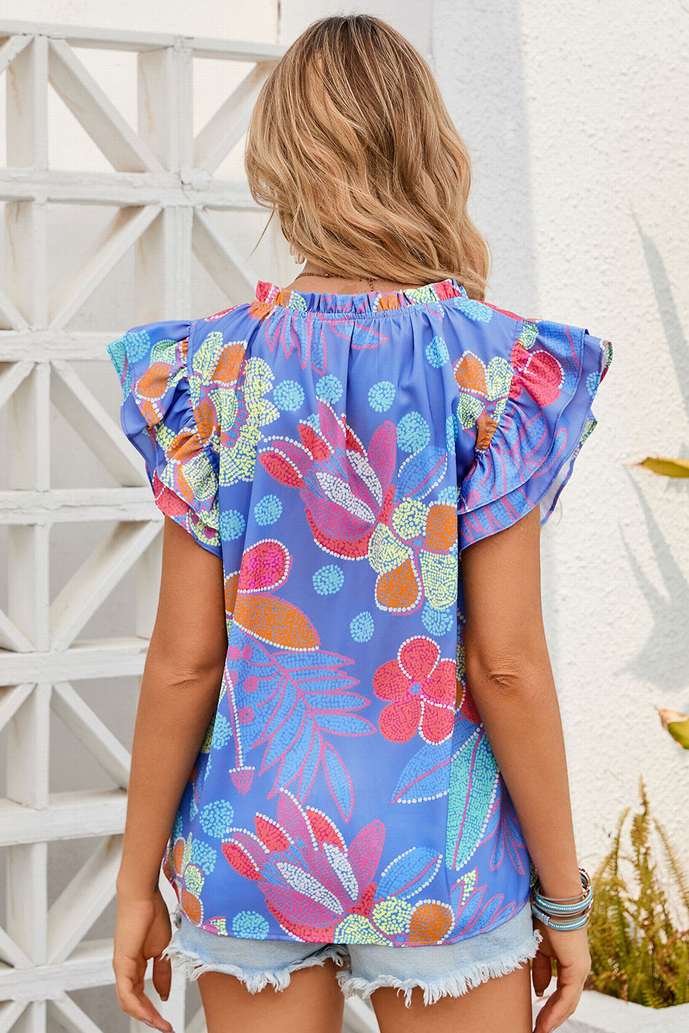 Blue Split V Neck Flutter Floral Top