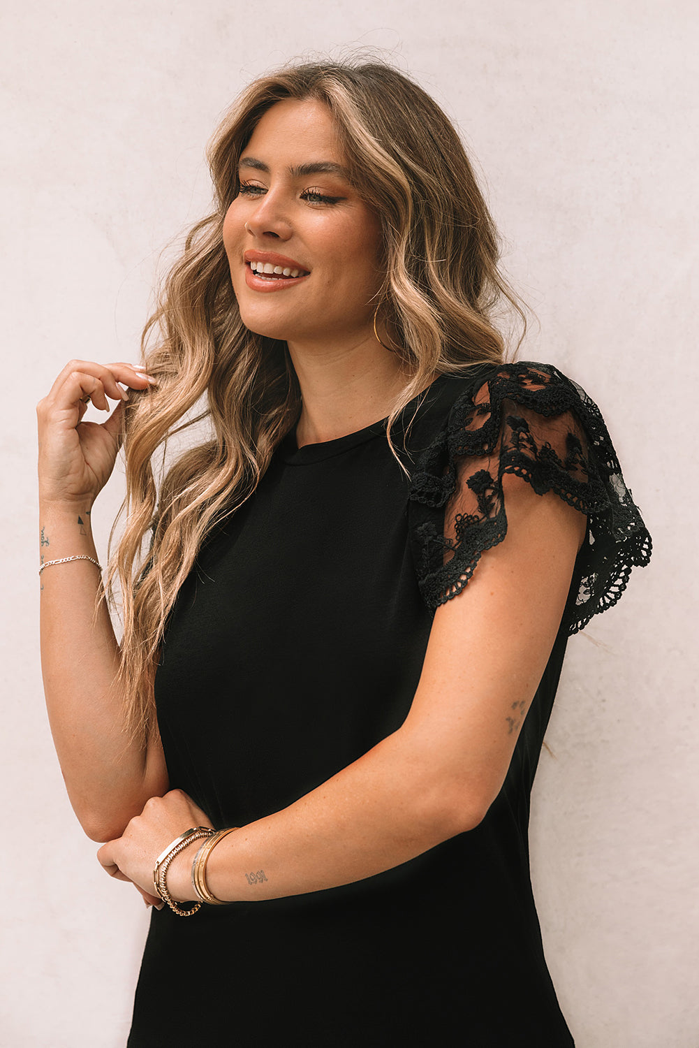 Black Lace Ruffle Sleeve Round Neck T Shirt