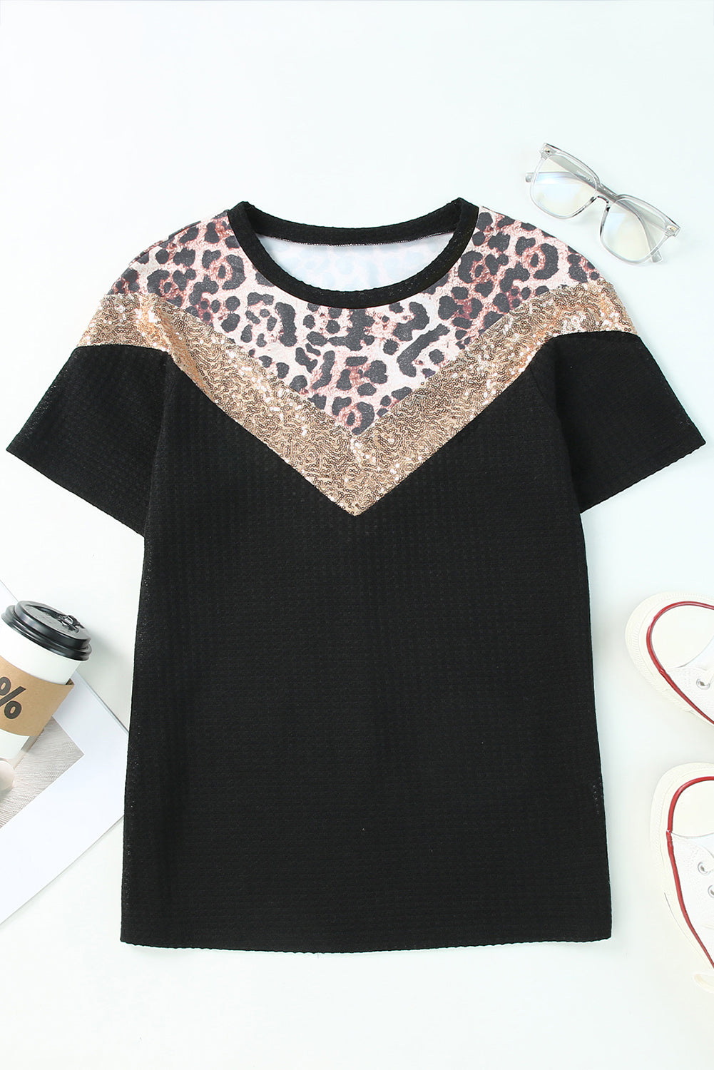 Black Leopard Sequin Waffle Knit Short Sleeve T-shirt