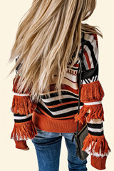 Multicolor Round Neck Striped Sweater with Fringe