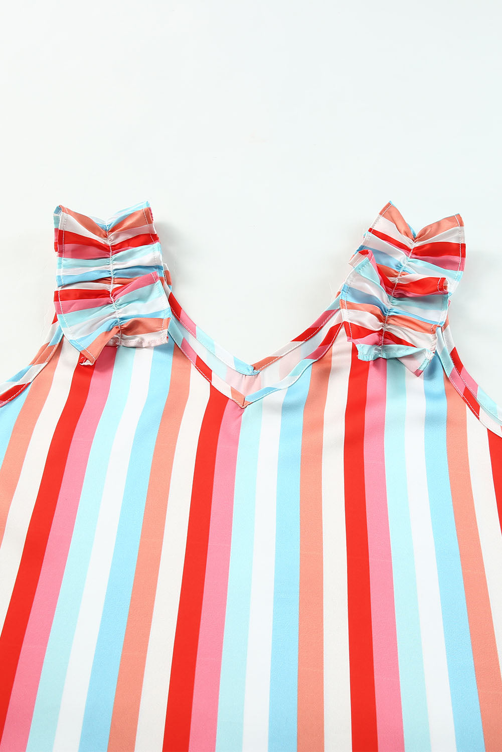 Multicolor Striped V Neck Ruffle Straps Tank Top