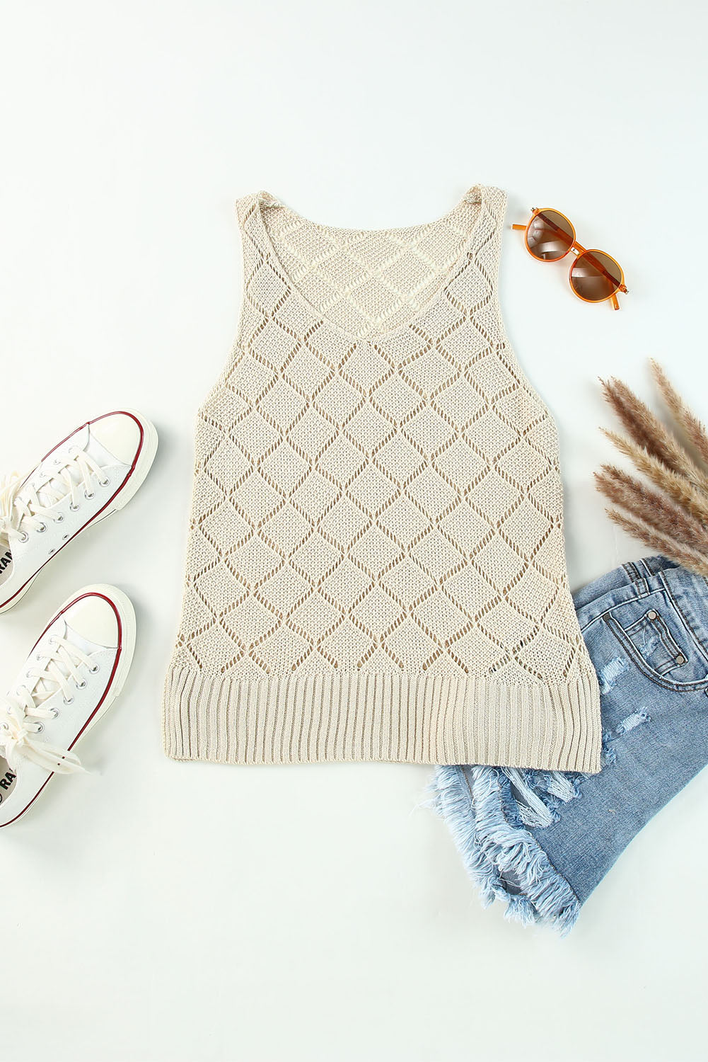 Khaki Rhombus Hollow-out Knitted Tank Top