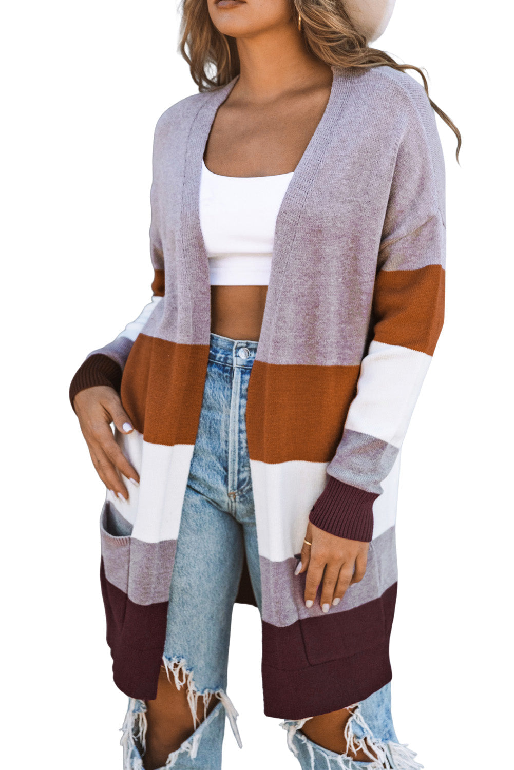 Khaki Open Front Colorblock Cardigan with Pockets