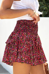 Red Floral Print Smocked Waist Shorts