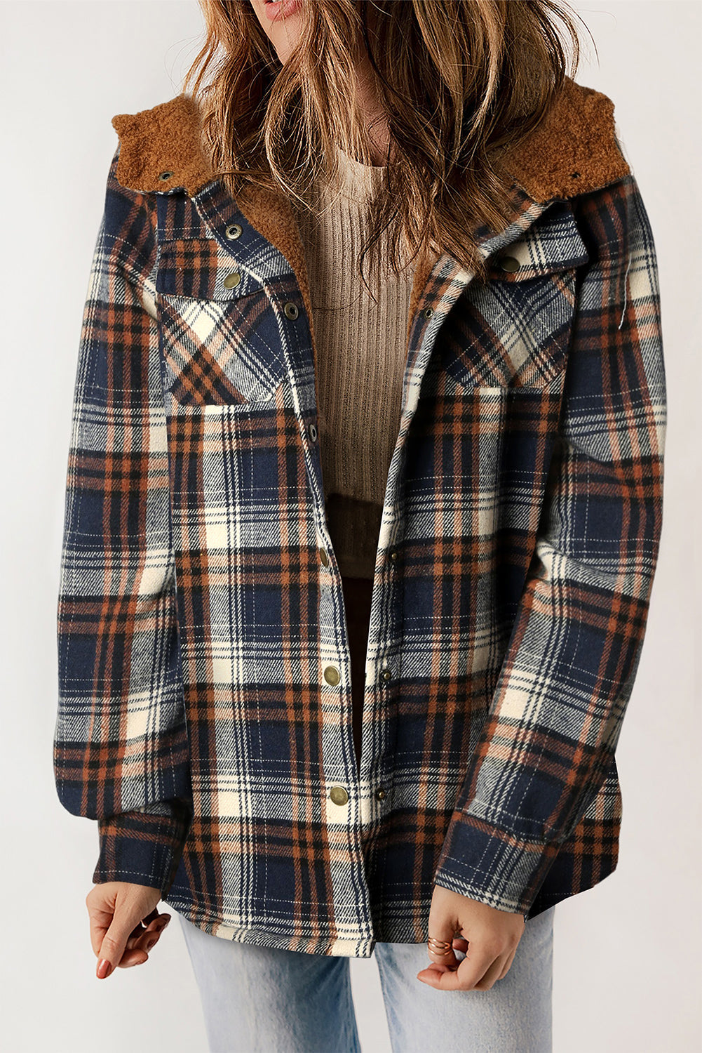 Orange Plaid Pattern Sherpa Lined Hooded Shacket