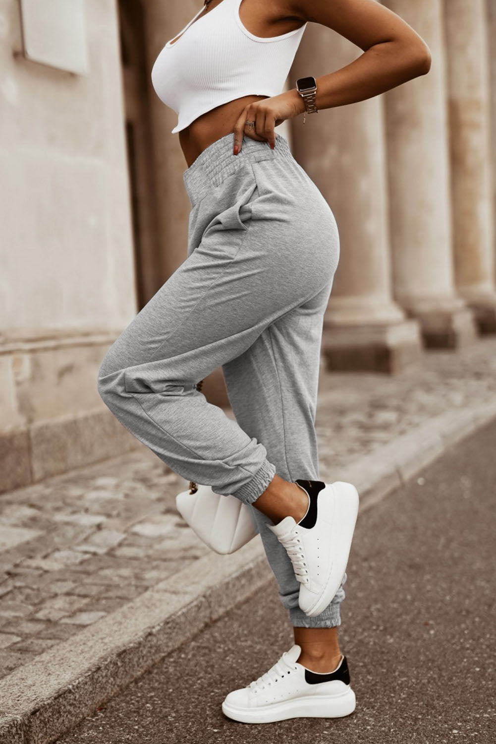 Gray Smocked High Waist Jogger Pants