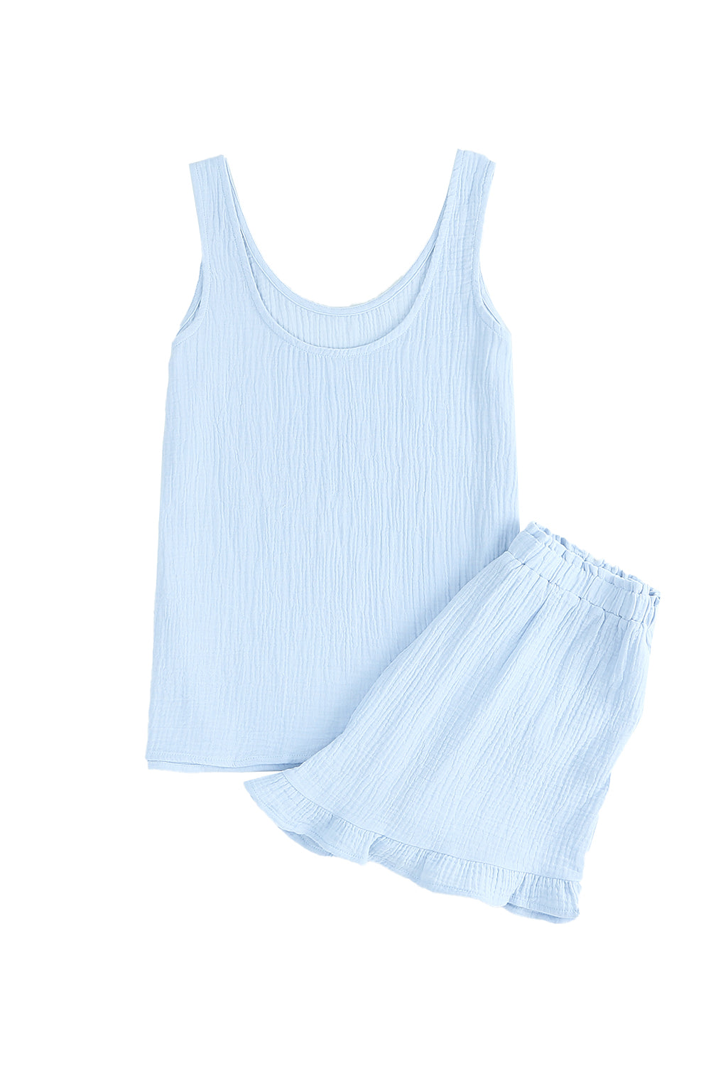 Sky Blue Textured U Neck Tank Top and High Waist Shorts Set