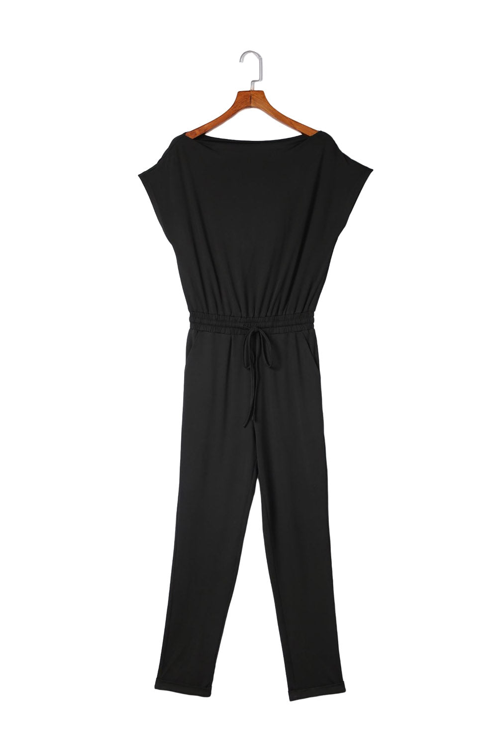 Black Tie Waist Short Sleeve Tapered Jumpsuit