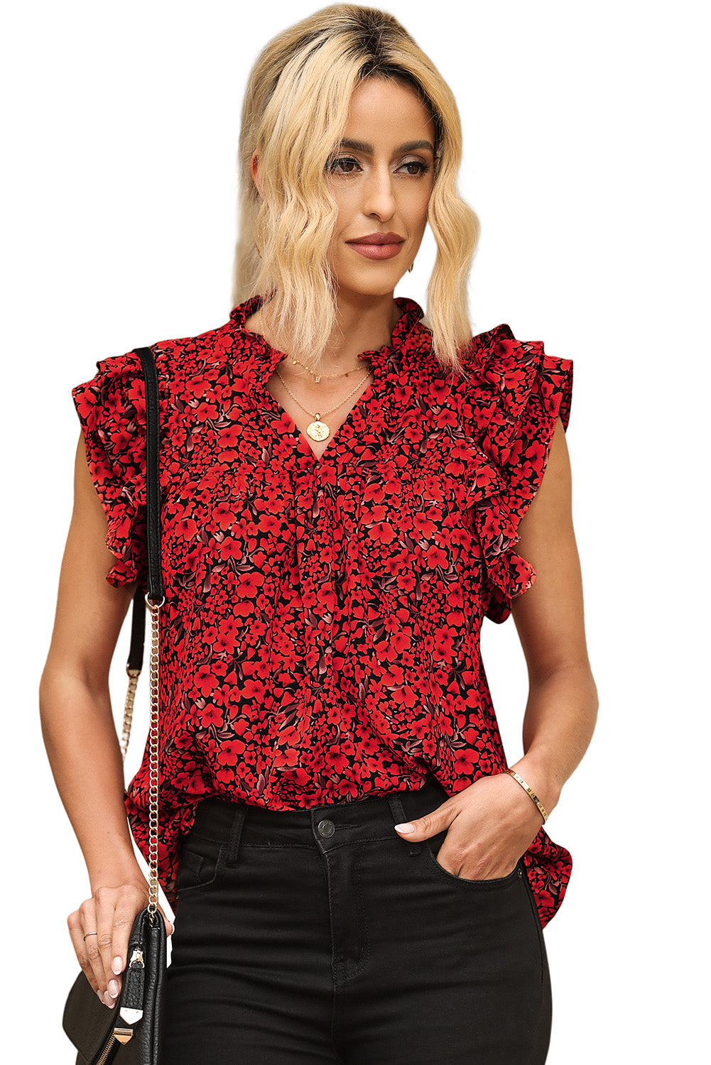 Khaki Floral Print Tiered Flutter Sleeve V Neck Top