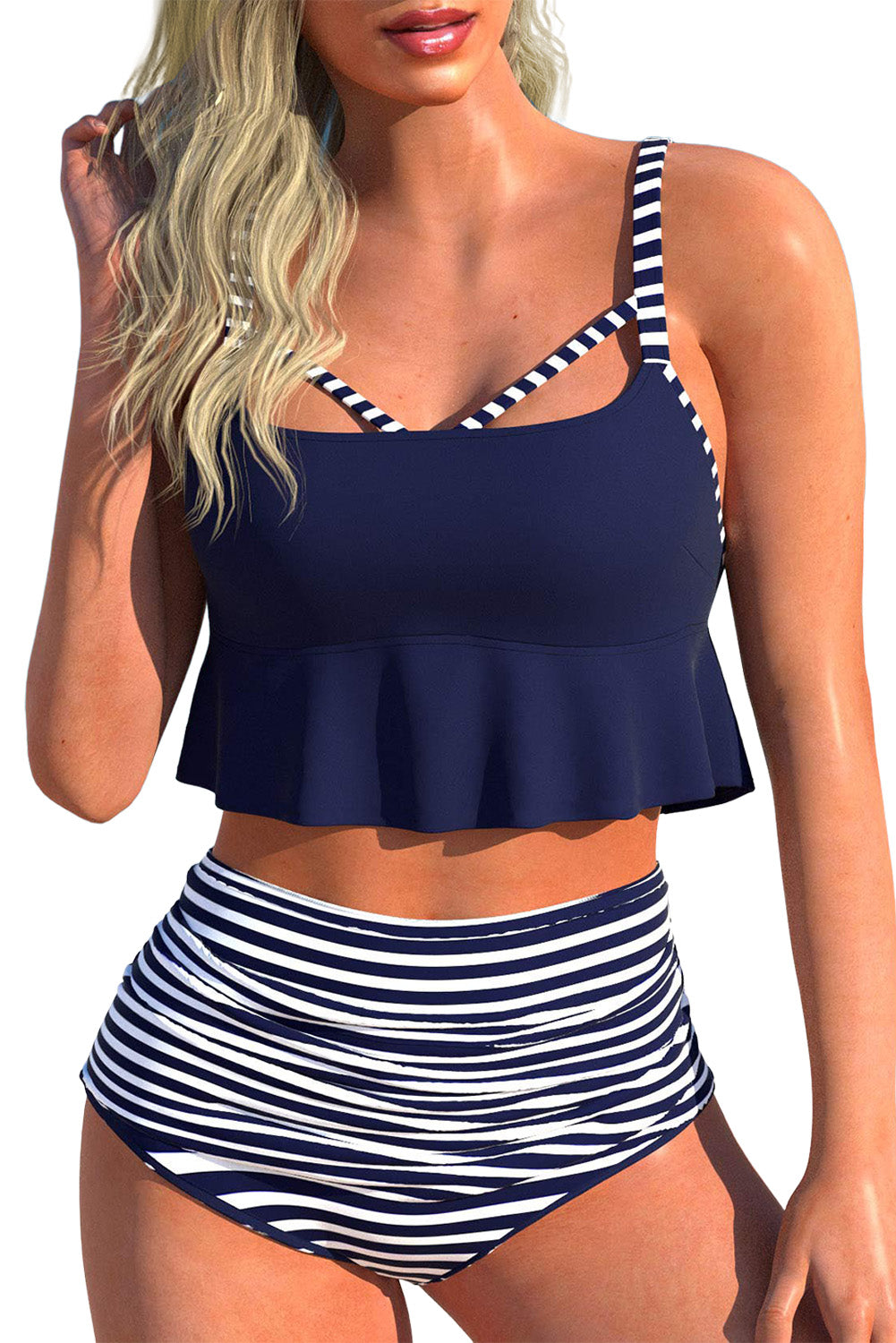 Blue Cutout Ruffle Crop Top and Striped High Waist Bikini Set