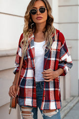 Red Hooded Plaid Button Front Shacket