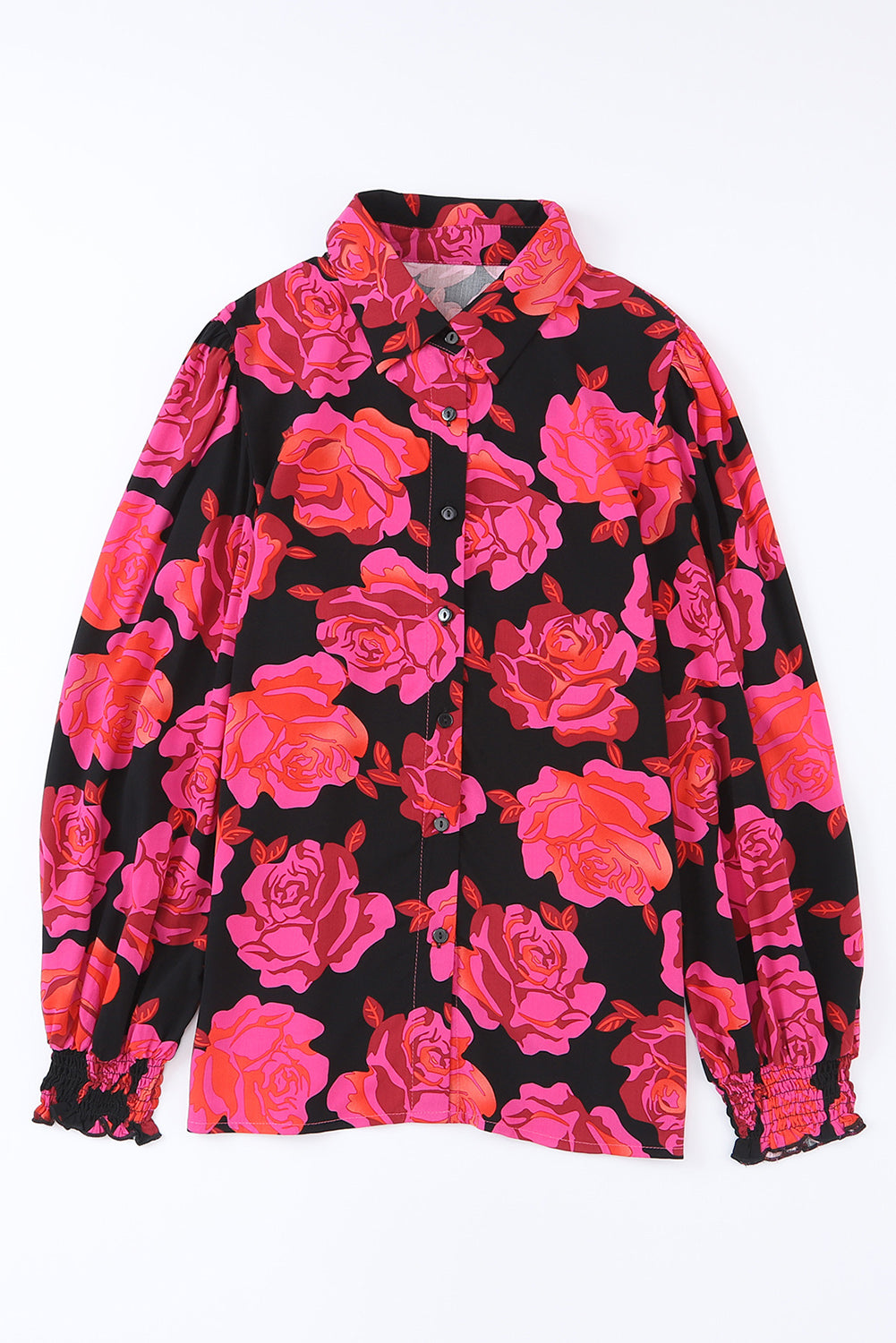 Rose Floral Shirred Cuffs Long Sleeve Shirt