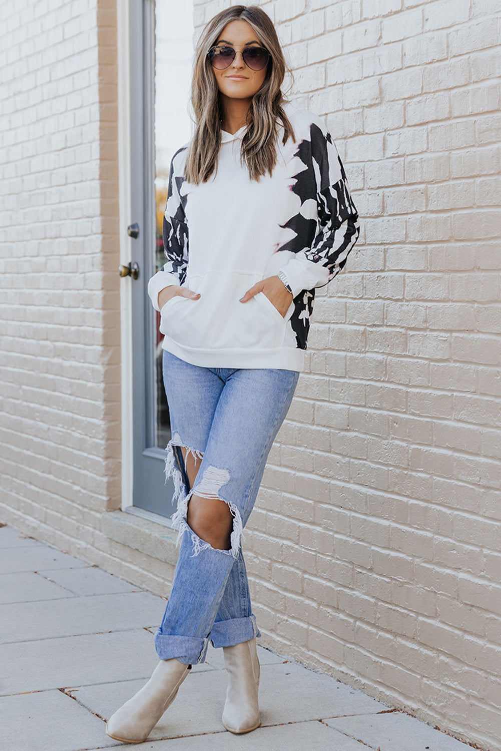 White Tie Dye Hooded Sweatshirt with Kangaroo Pocket