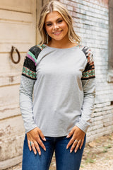 Round Neck Tribal Striped Raglan Top