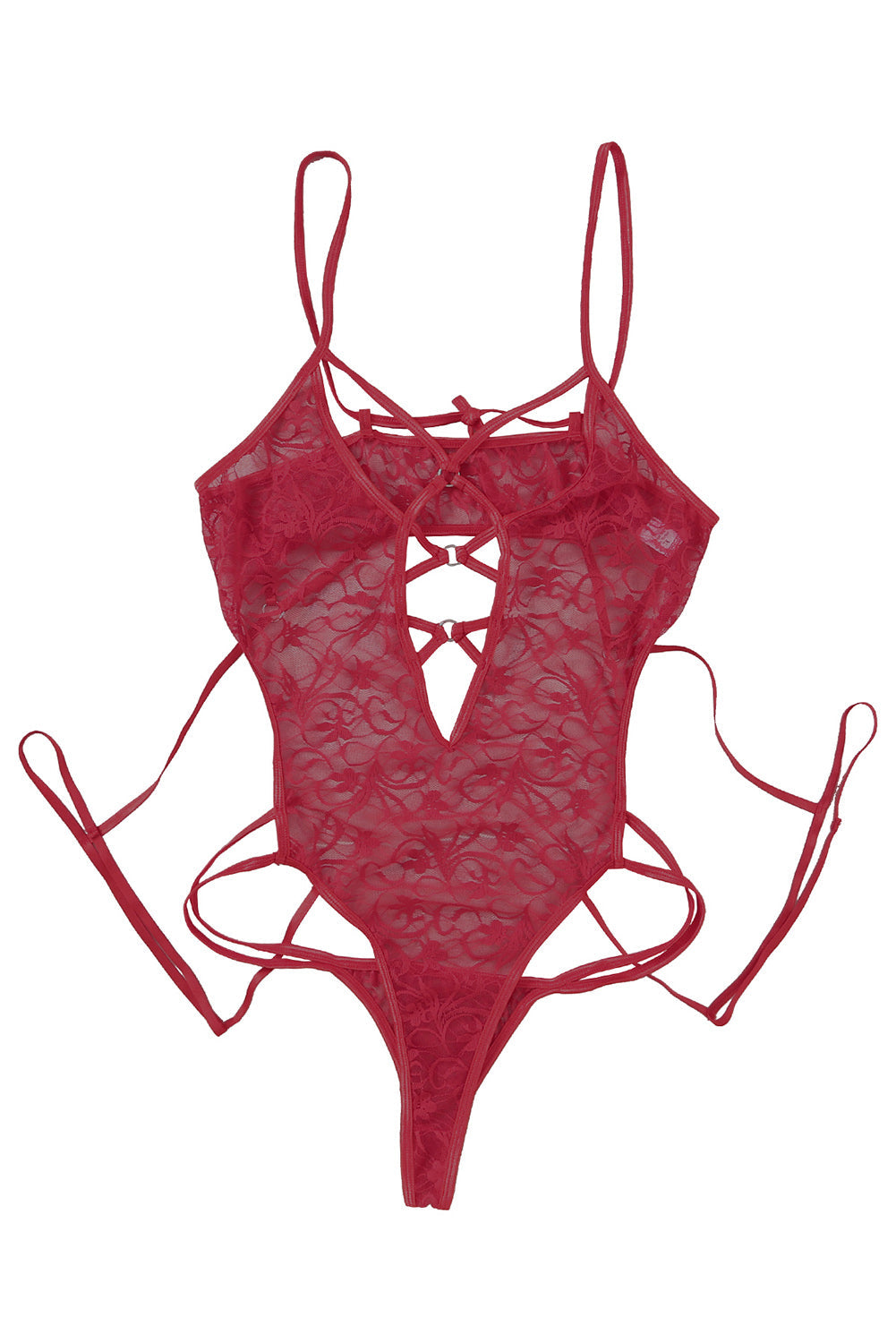 Red Plus Size Strappy Grommet Detail Sheer Mesh Teddy Lingerie