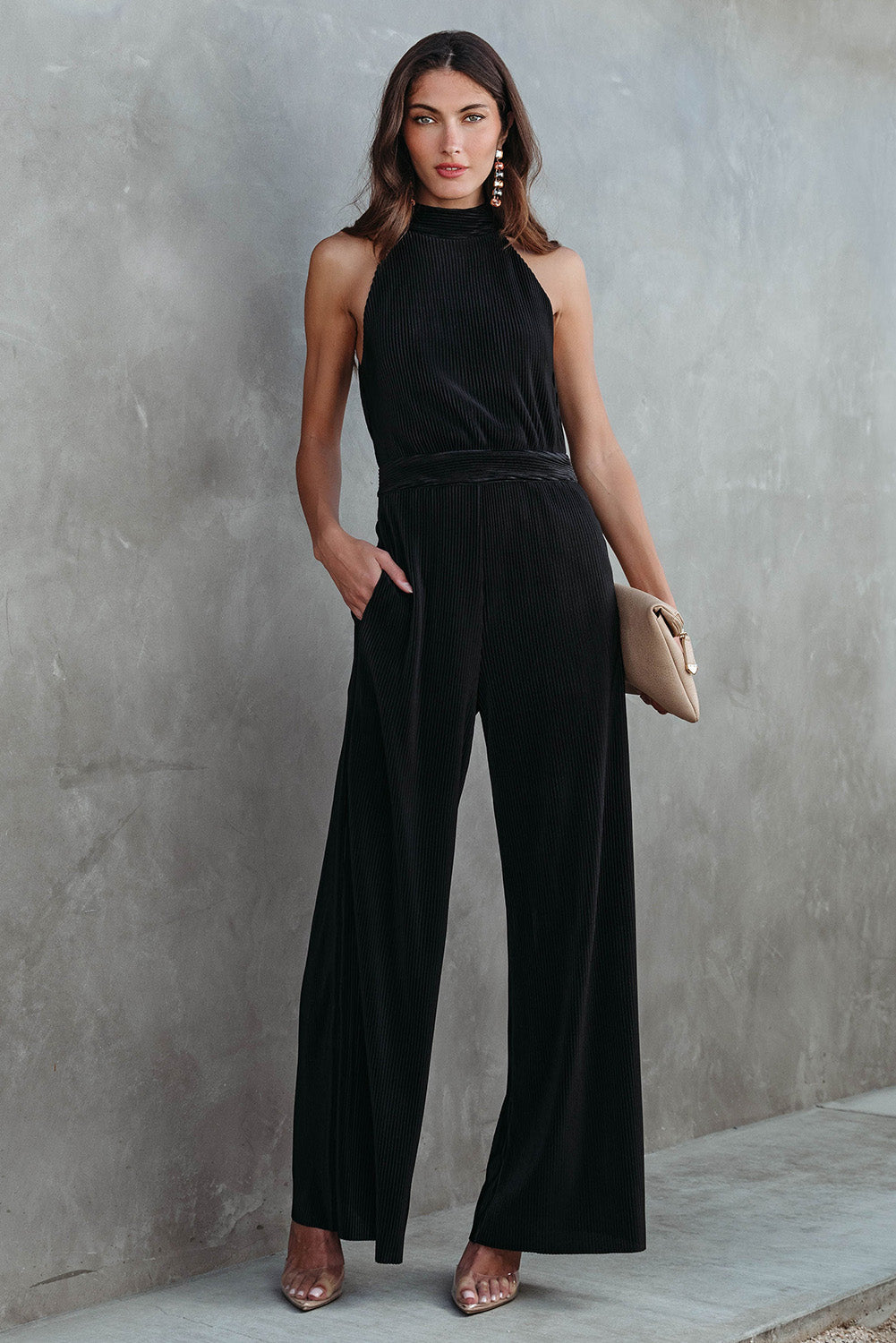 Black Button Halter Neck Keyhole Back Ribbed Jumpsuit